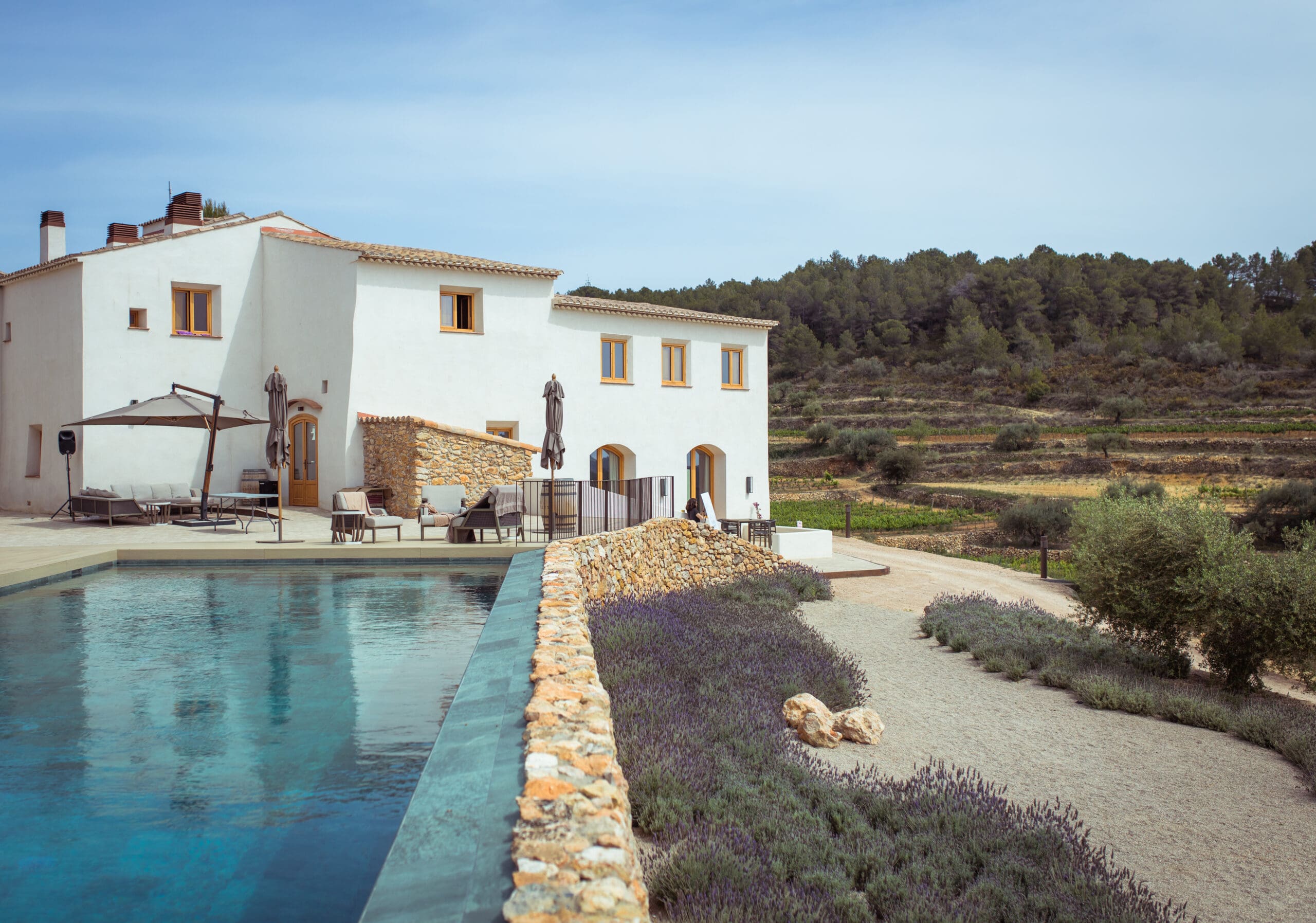 Infinity pool overlooking vineyards at Masia Cabellut luxury venue.