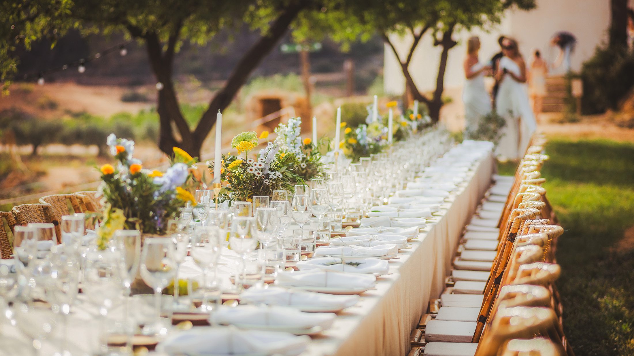 Elegant outdoor dining table set among vineyards at Masia Cabellut in Tarragona, beautifully styled for a luxury event.